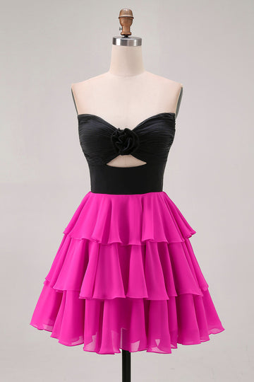 Black Fuchsia Strapless Tiered Cut Out A Line Homecoming Dress